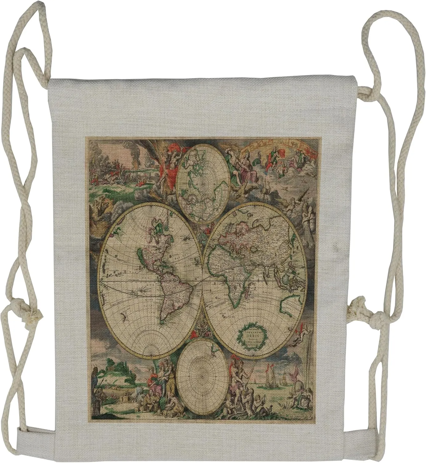 Lunarable Vintage Drawstring Backpack, Map of the World, Sackpack Bag