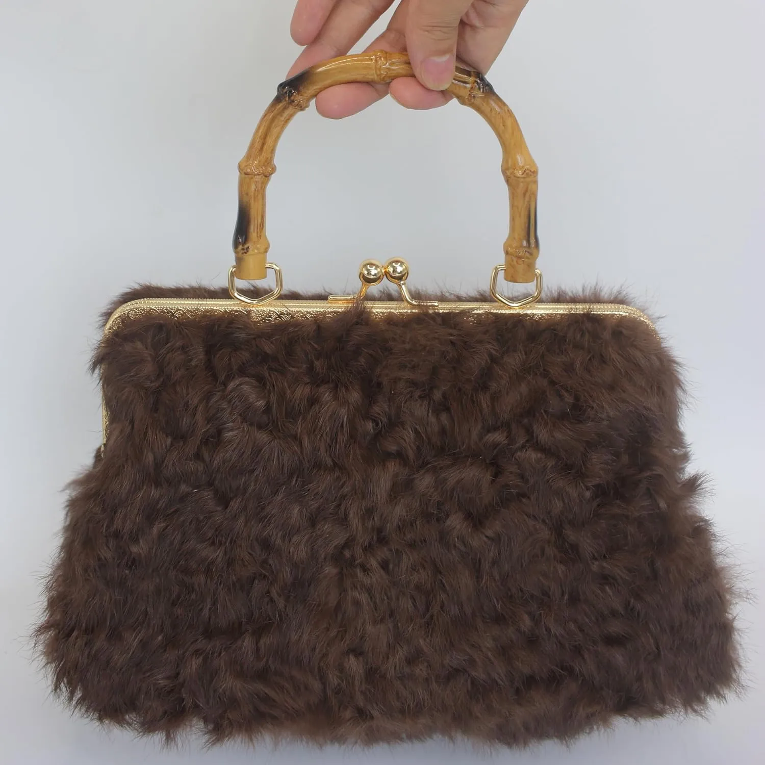 Luxury Faux Karakul Curly Rabbit Fur Handbag with Bamboo-Style Handle and Gold Kisslock Frame