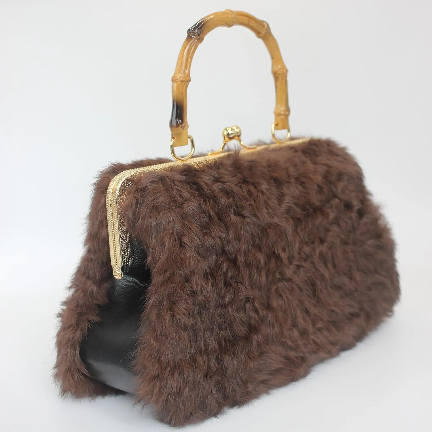 Luxury Faux Karakul Curly Rabbit Fur Handbag with Bamboo-Style Handle and Gold Kisslock Frame