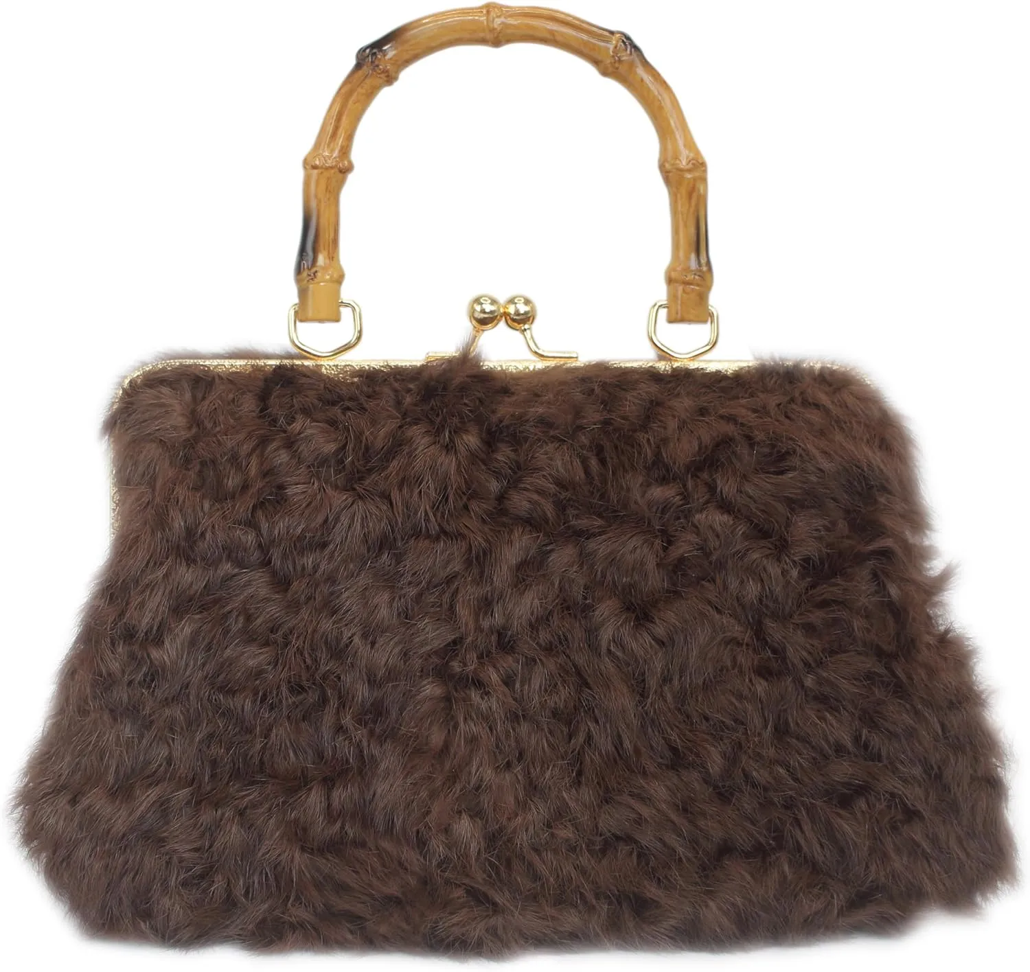 Luxury Faux Karakul Curly Rabbit Fur Handbag with Bamboo-Style Handle and Gold Kisslock Frame