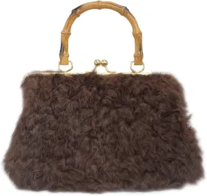 Luxury Faux Karakul Curly Rabbit Fur Handbag with Bamboo-Style Handle and Gold Kisslock Frame