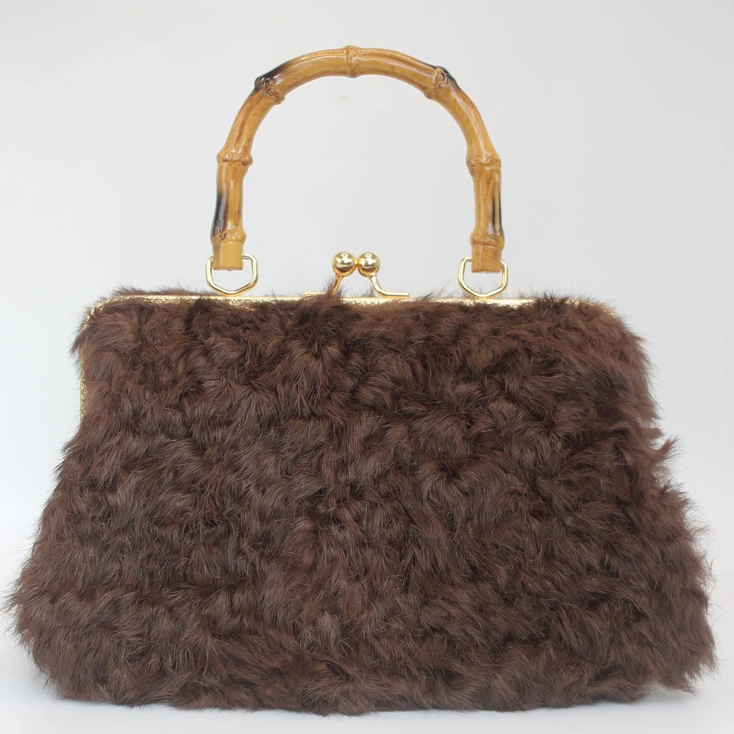 Luxury Faux Karakul Curly Rabbit Fur Handbag with Bamboo-Style Handle and Gold Kisslock Frame