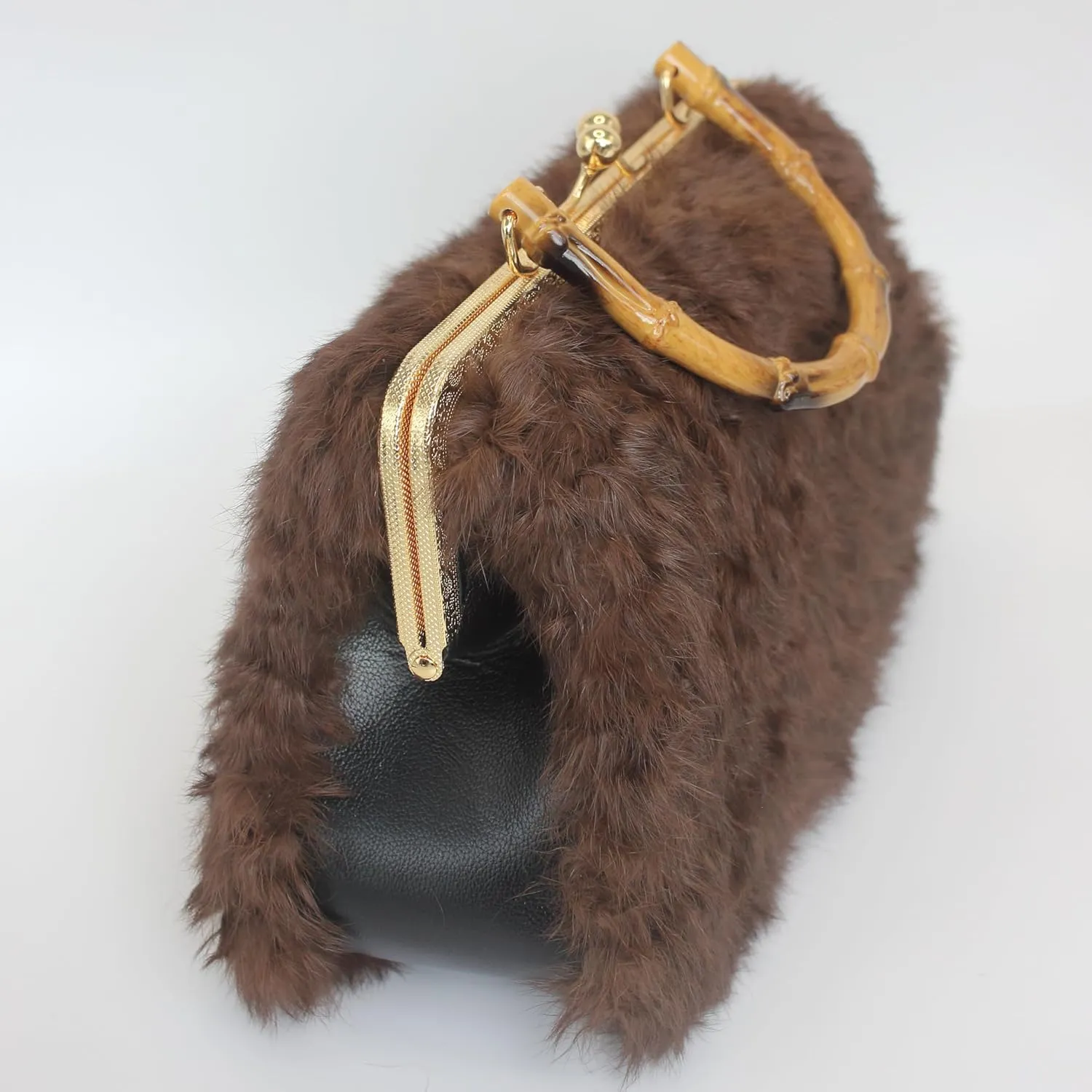 Luxury Faux Karakul Curly Rabbit Fur Handbag with Bamboo-Style Handle and Gold Kisslock Frame