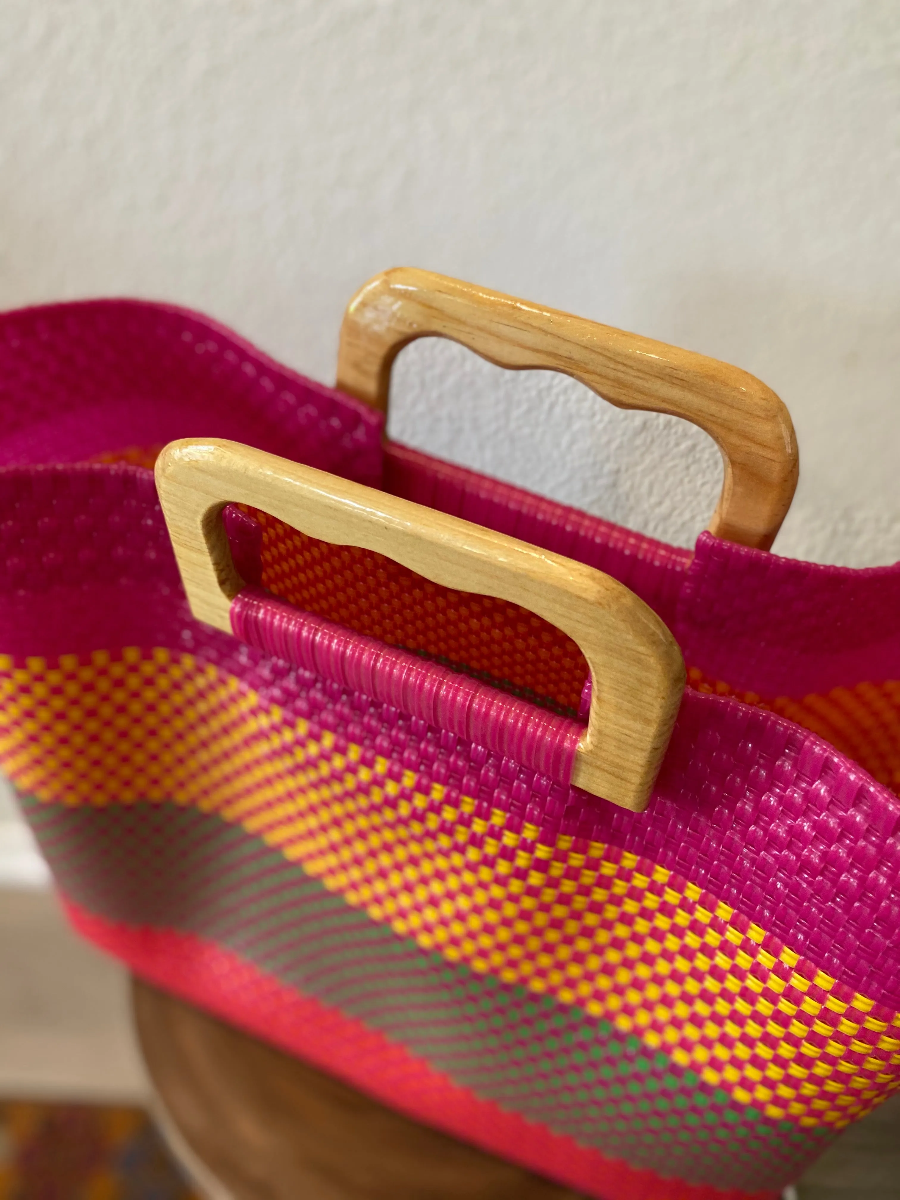 Magenta, Orange and Red Wood-Handled Woven Tote
