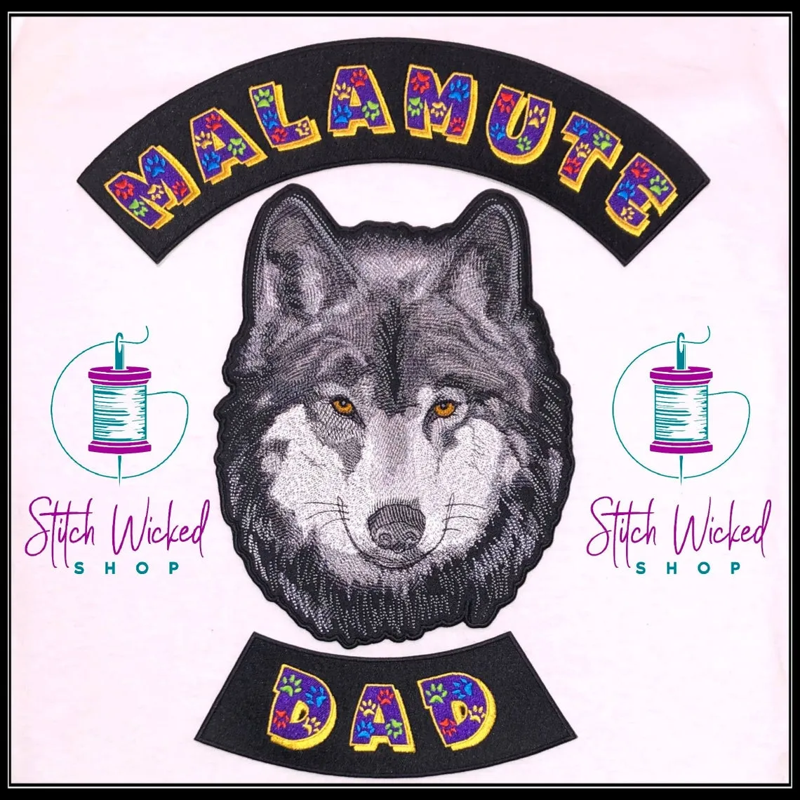 Malamute Dog Dad, Large Fully Embroidered Iron On Patch Set