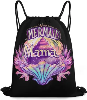 Mama Mermaid Shell Drawstring Backpack Durable String Bag Sports Sackpack Cinch Bags for Gym Travel