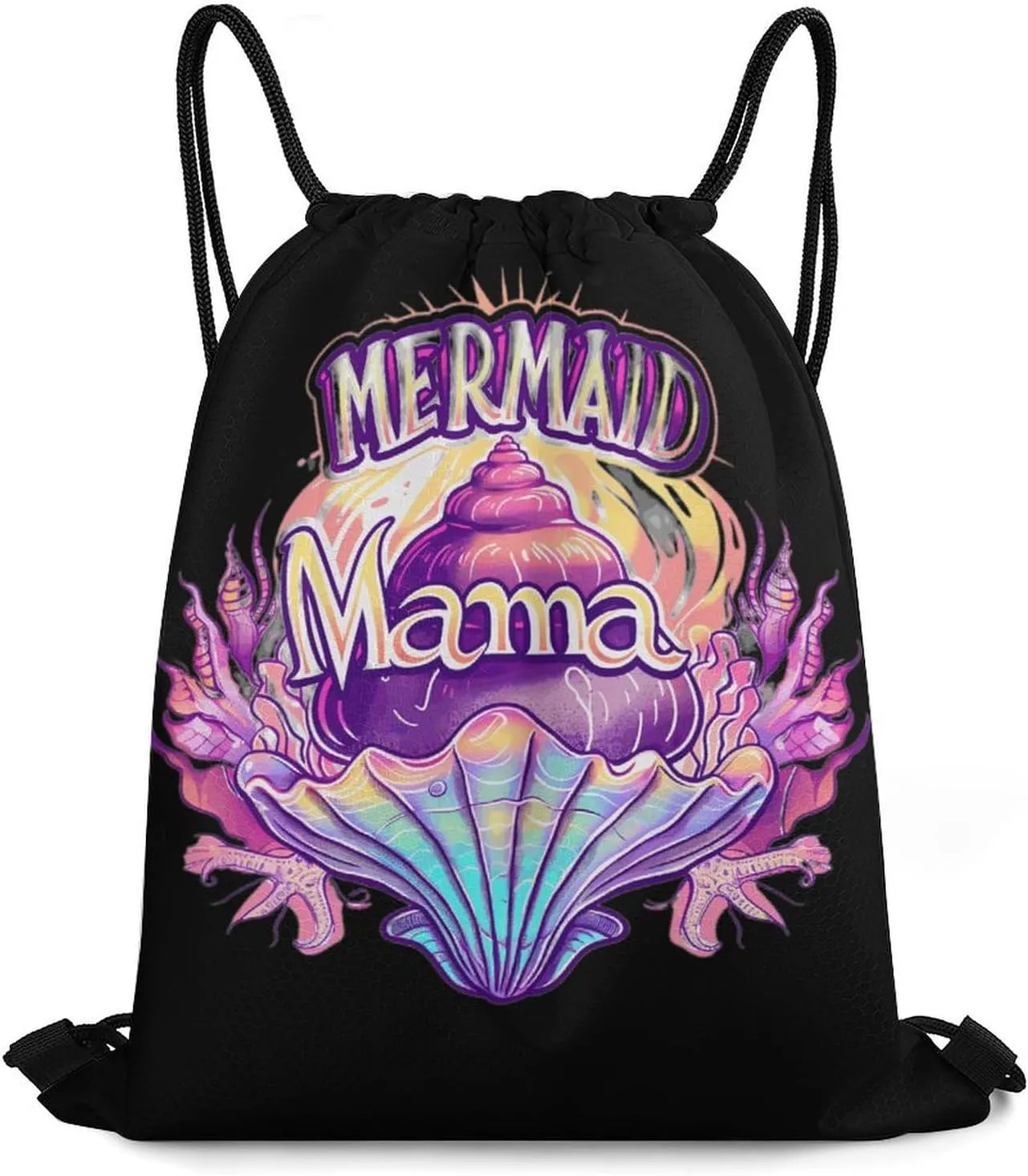 Mama Mermaid Shell Drawstring Backpack Durable String Bag Sports Sackpack Cinch Bags for Gym Travel