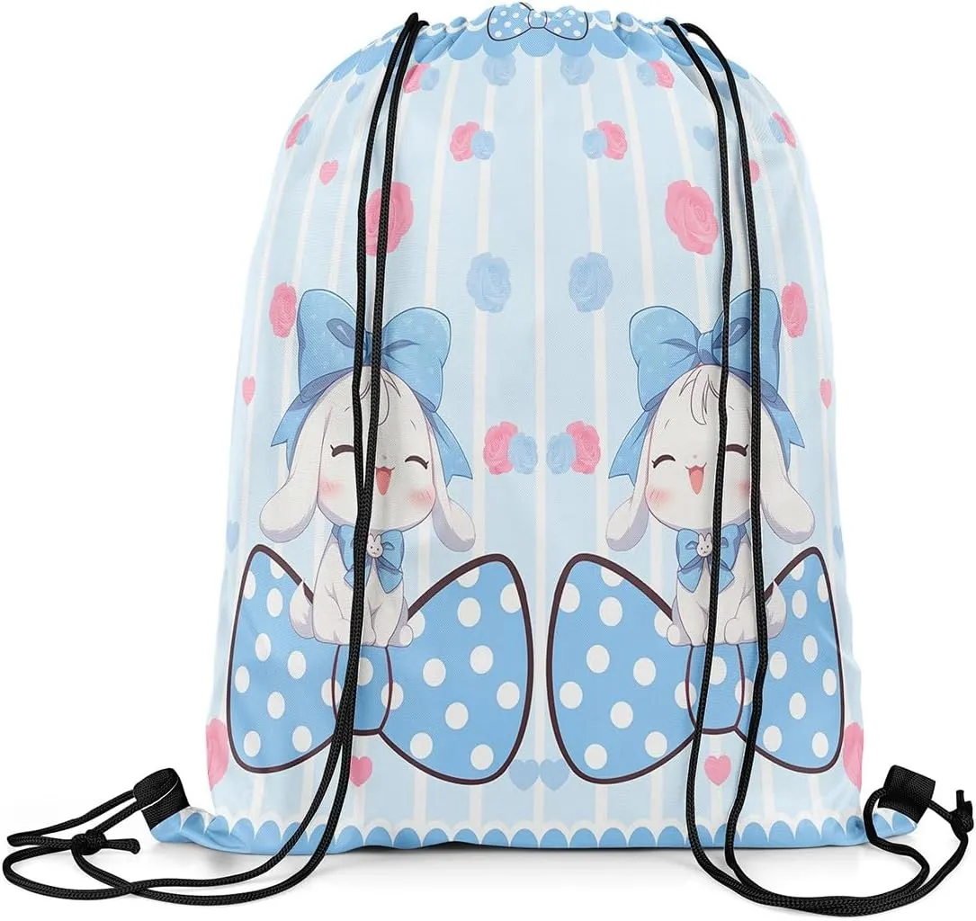 Manfei Cute Dog Drawstring Backpack,Cartoon Puppy Pet Animals Waterproof Drawstring Bags,Blue Bowknot Bags for Shopping Travelling,Lightweight