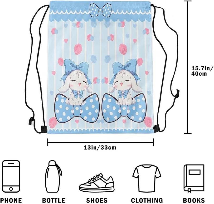 Manfei Cute Dog Drawstring Backpack,Cartoon Puppy Pet Animals Waterproof Drawstring Bags,Blue Bowknot Bags for Shopping Travelling,Lightweight