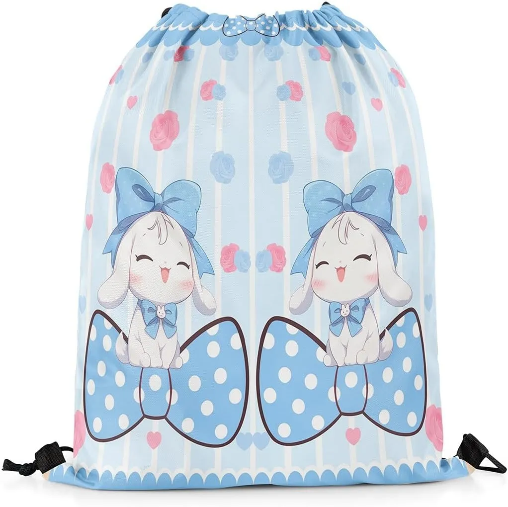 Manfei Cute Dog Drawstring Backpack,Cartoon Puppy Pet Animals Waterproof Drawstring Bags,Blue Bowknot Bags for Shopping Travelling,Lightweight
