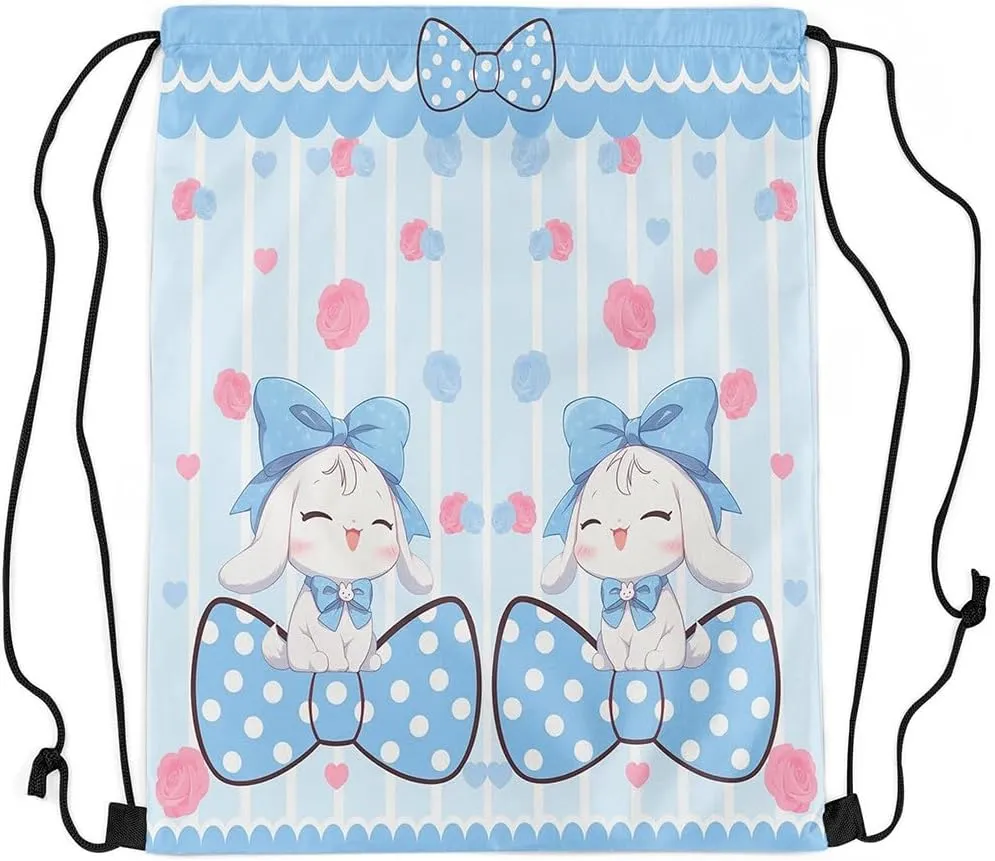 Manfei Cute Dog Drawstring Backpack,Cartoon Puppy Pet Animals Waterproof Drawstring Bags,Blue Bowknot Bags for Shopping Travelling,Lightweight