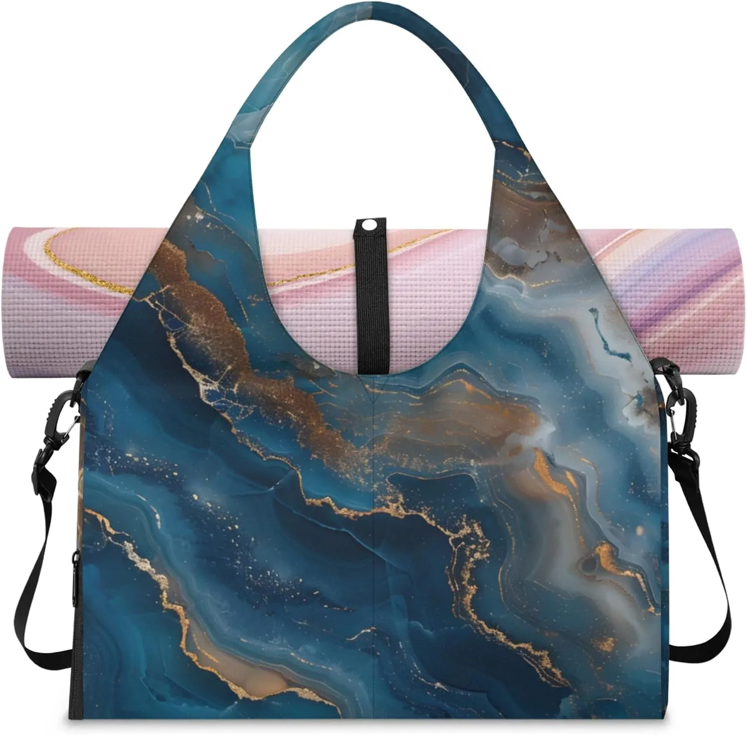 Marble Patterned Stick Gym Bag Yoga Mat Tote for Women with Shoes Compartment Lightweight Duffle Travel Carrier Wet Dry Storage Pockets Adjustable Pilates Mats Shoulder Bags for Sport Swim