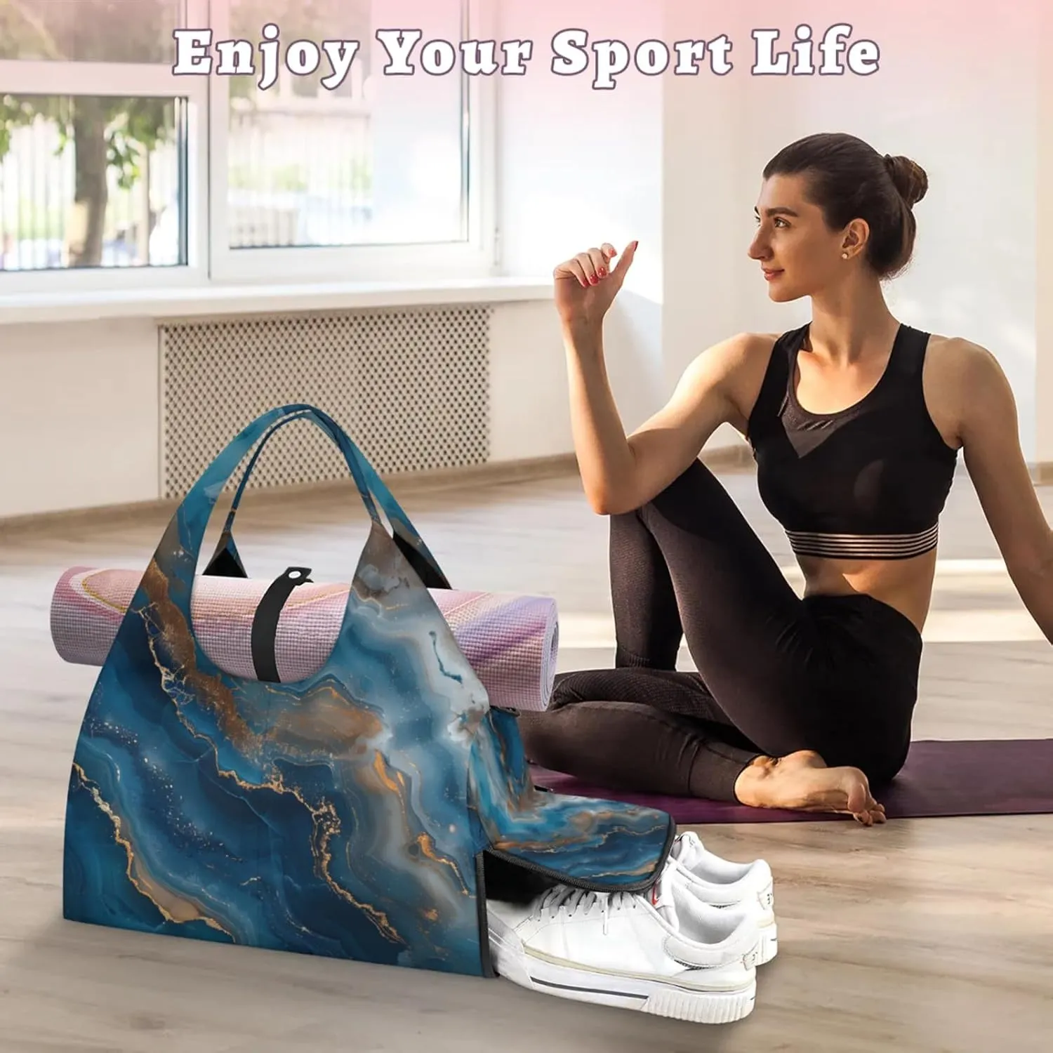 Marble Patterned Stick Gym Bag Yoga Mat Tote for Women with Shoes Compartment Lightweight Duffle Travel Carrier Wet Dry Storage Pockets Adjustable Pilates Mats Shoulder Bags for Sport Swim