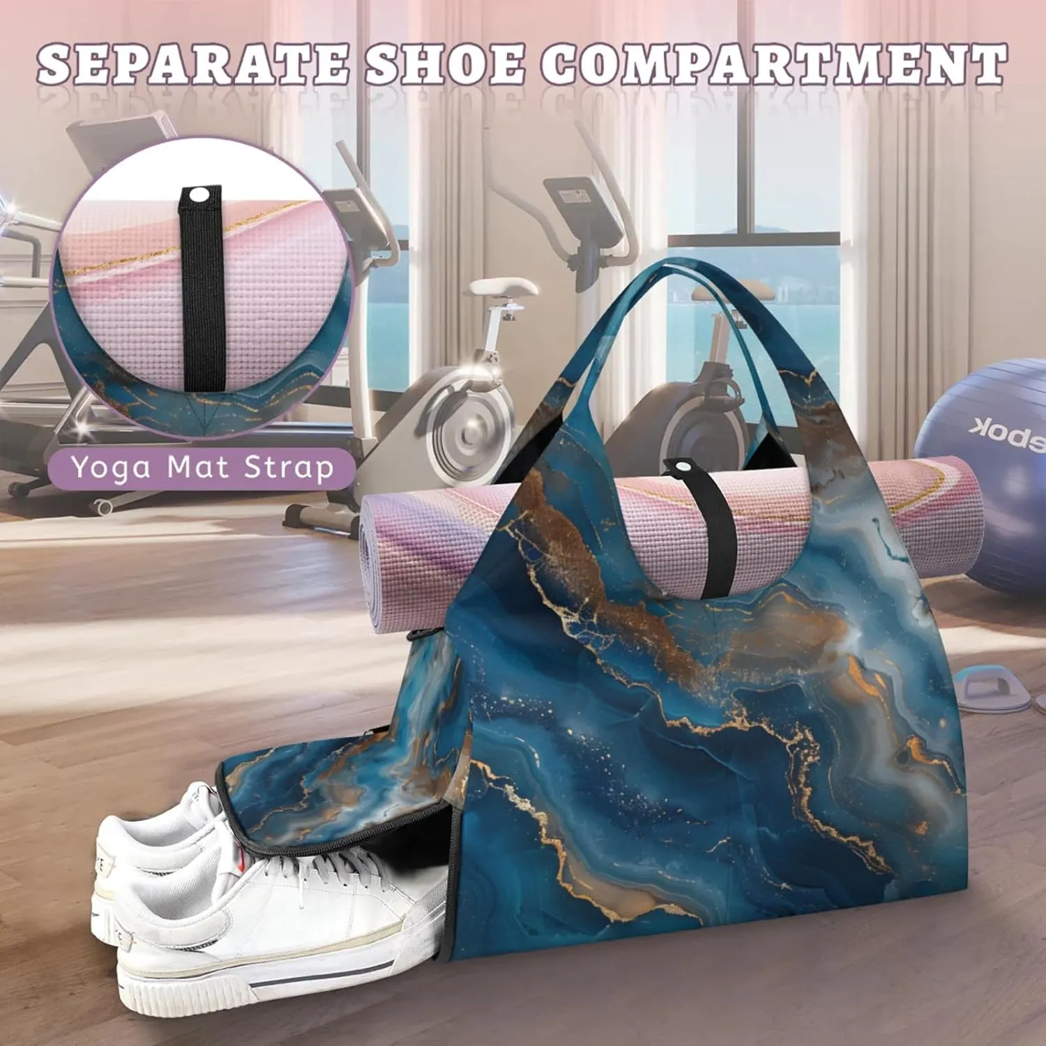 Marble Patterned Stick Gym Bag Yoga Mat Tote for Women with Shoes Compartment Lightweight Duffle Travel Carrier Wet Dry Storage Pockets Adjustable Pilates Mats Shoulder Bags for Sport Swim