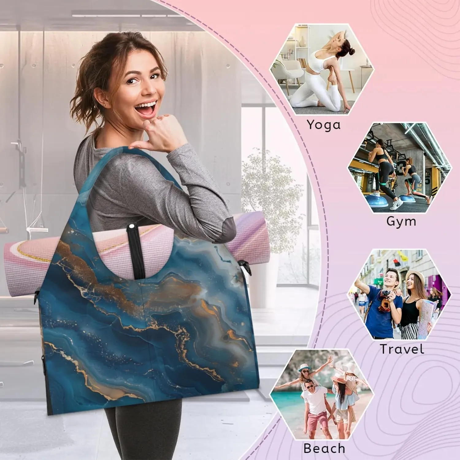 Marble Patterned Stick Gym Bag Yoga Mat Tote for Women with Shoes Compartment Lightweight Duffle Travel Carrier Wet Dry Storage Pockets Adjustable Pilates Mats Shoulder Bags for Sport Swim
