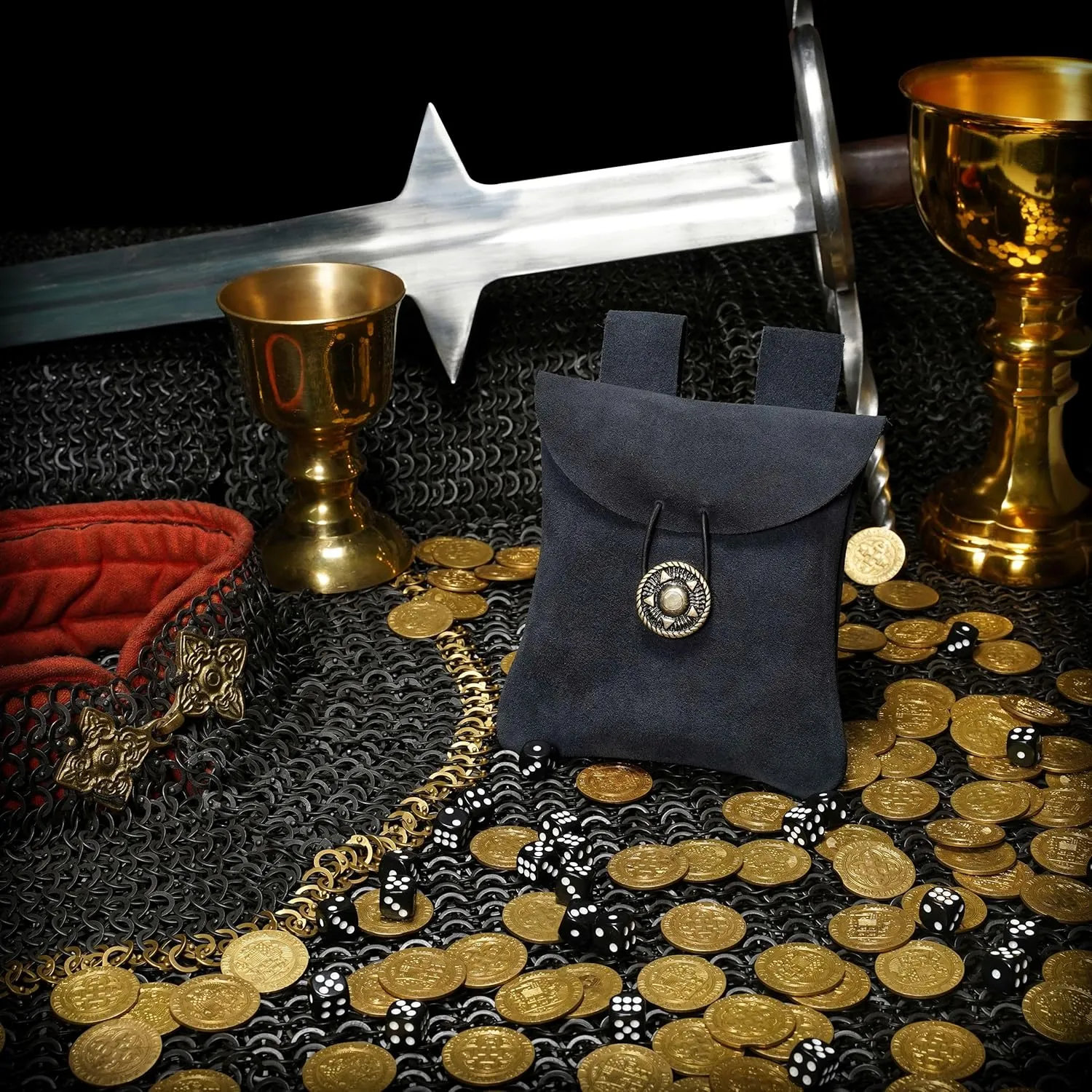 Medieval Belt Bag Renaissance Suede Jewelry Belt Pouch LARP Costume Waist Bag Cosplay Costume Accessories - Midnight Navy Blue, 5.5” x 5.1”