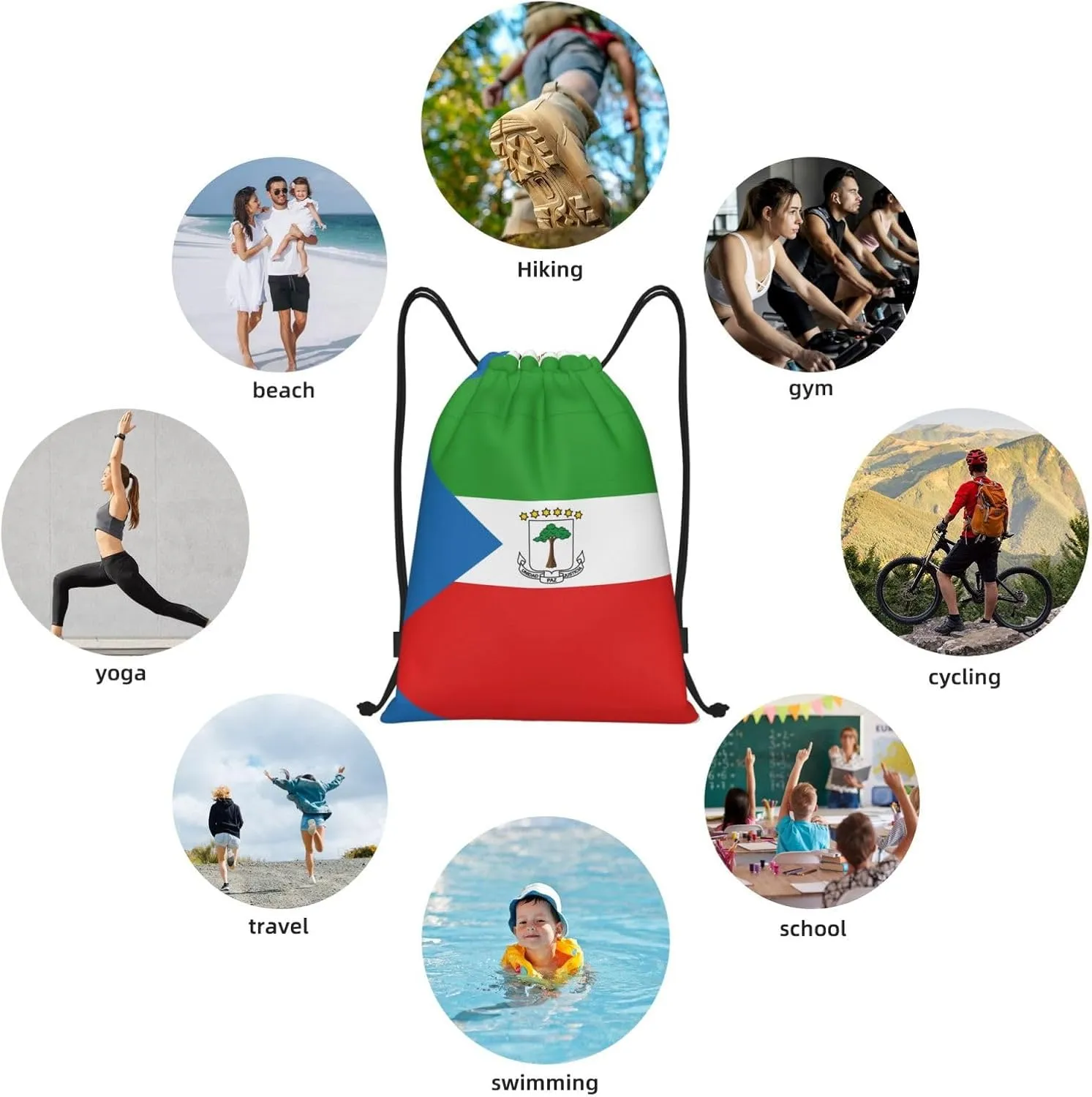 Medium Flag of Equatorial Guinea Print Lightweight Drawstring Backpack/Waterproof Sports Gym Travel Bag, for Unisex Men Women