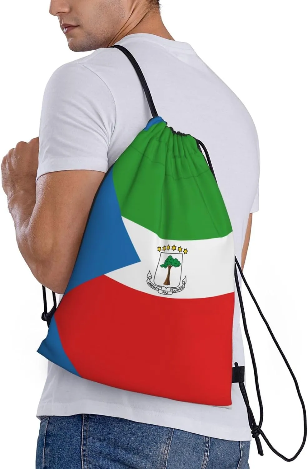Medium Flag of Equatorial Guinea Print Lightweight Drawstring Backpack/Waterproof Sports Gym Travel Bag, for Unisex Men Women