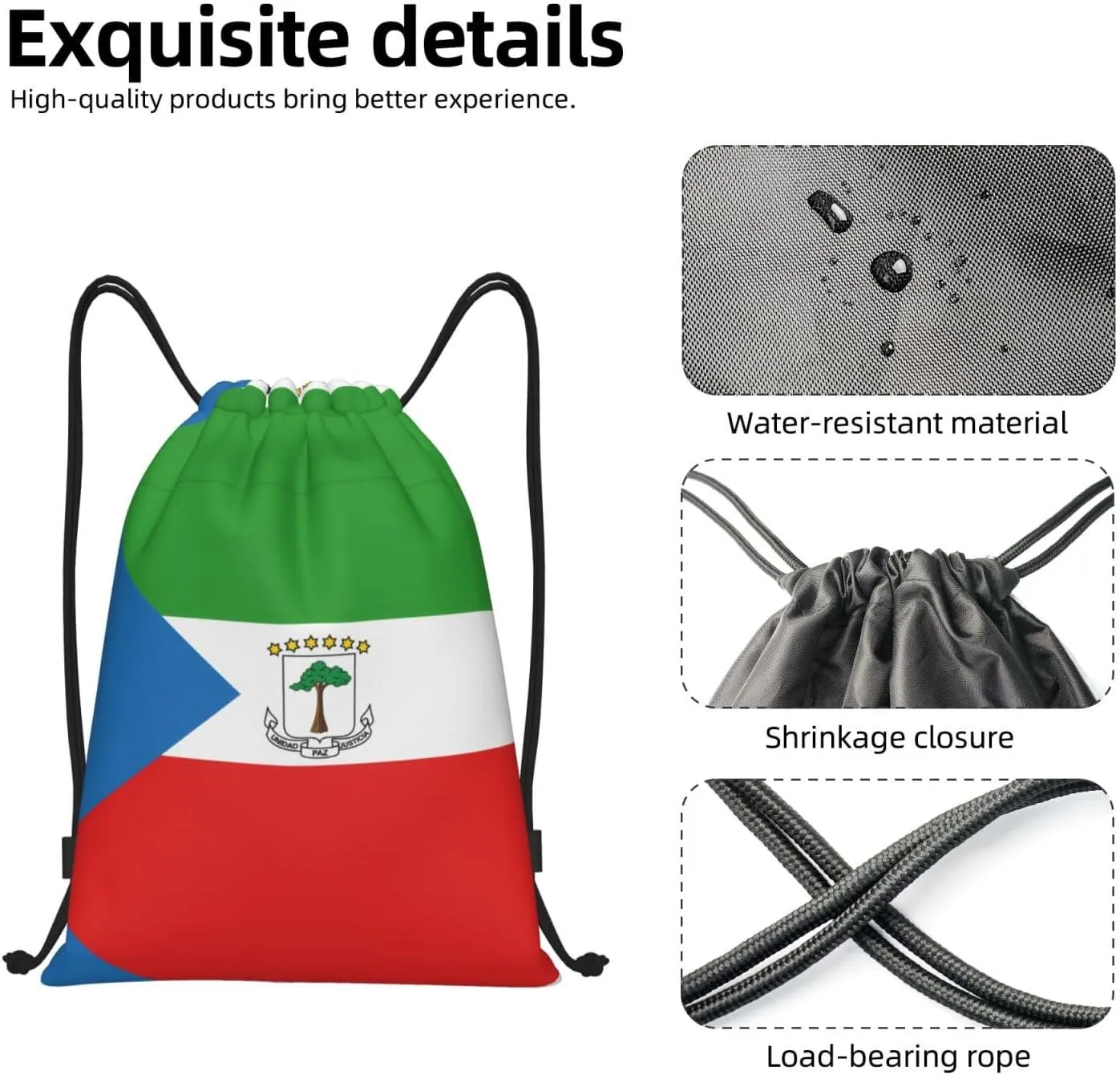 Medium Flag of Equatorial Guinea Print Lightweight Drawstring Backpack/Waterproof Sports Gym Travel Bag, for Unisex Men Women