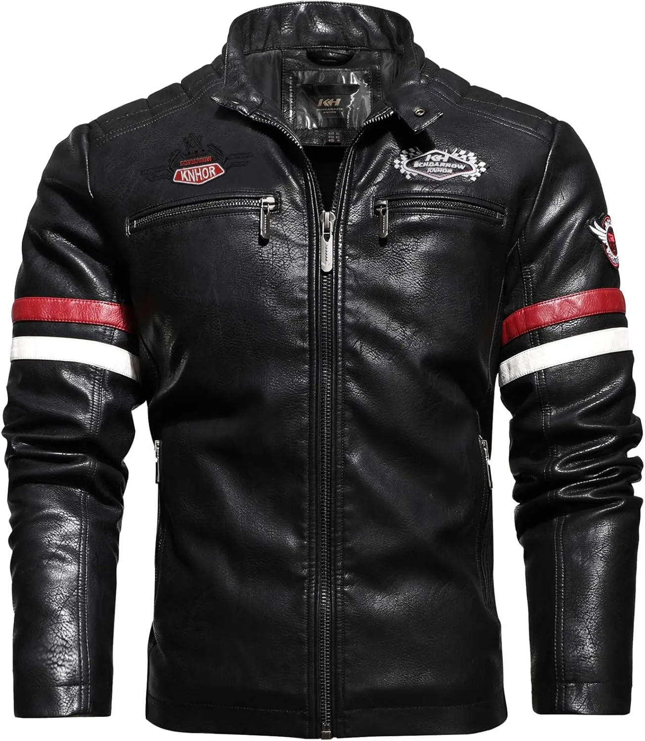 Men's Casual Stand Collar PU Faux Leather Zip-Up Motorcycle Bomber Jacket