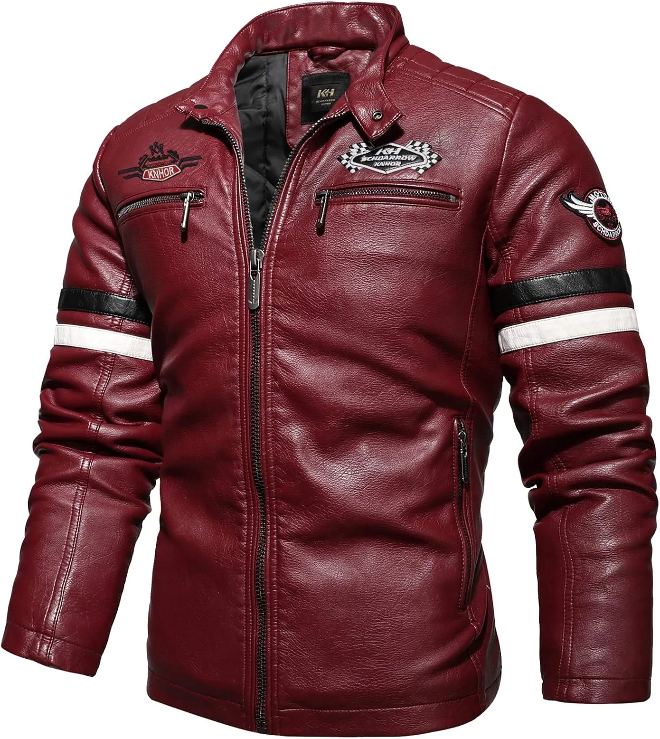Men's Casual Stand Collar PU Faux Leather Zip-Up Motorcycle Bomber Jacket