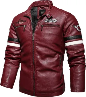 Men's Casual Stand Collar PU Faux Leather Zip-Up Motorcycle Bomber Jacket