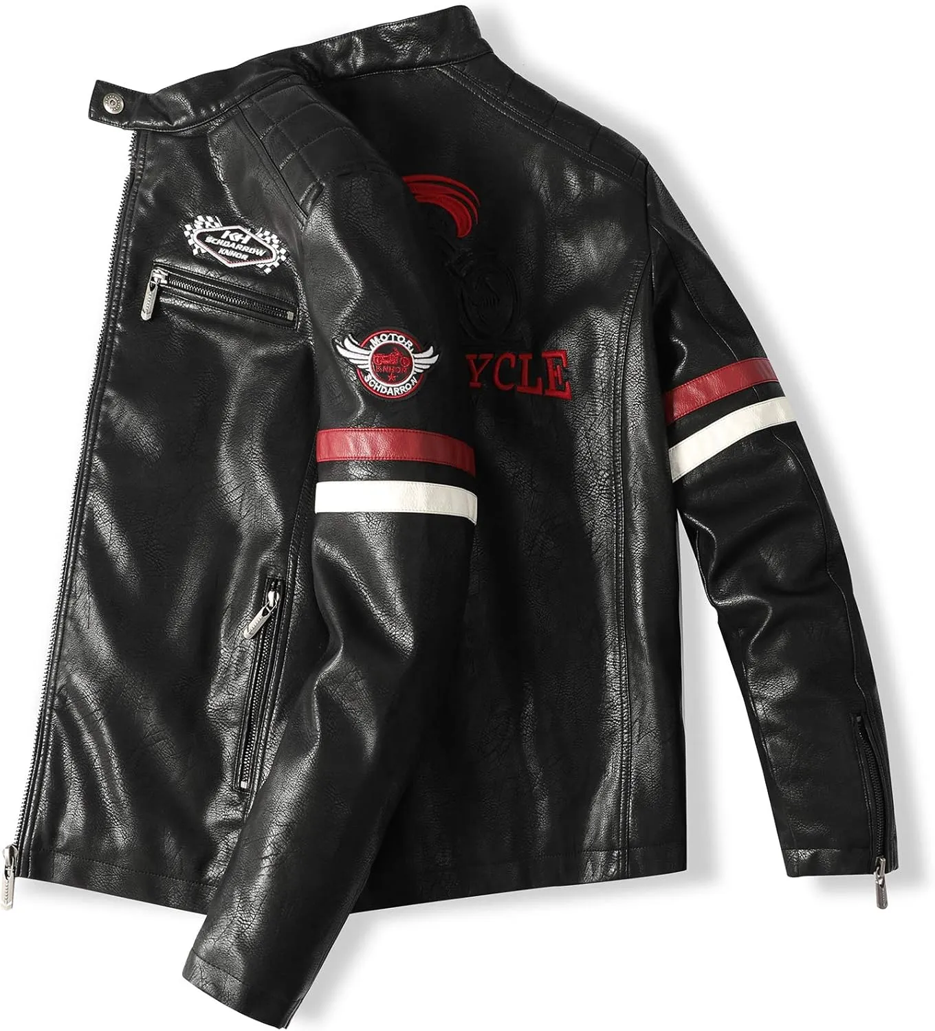 Men's Casual Stand Collar PU Faux Leather Zip-Up Motorcycle Bomber Jacket