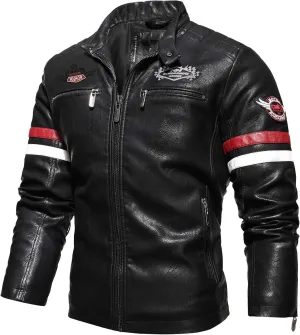 Men's Casual Stand Collar PU Faux Leather Zip-Up Motorcycle Bomber Jacket