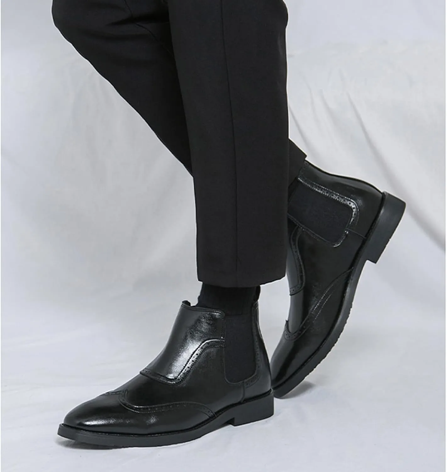 Men'S Leather Wing Tip Low Heel Chelsea Boots Classic Round Toe Brogue Slip-On Dress Oxford Boots For Driving Business Office Formal Ankle Boots