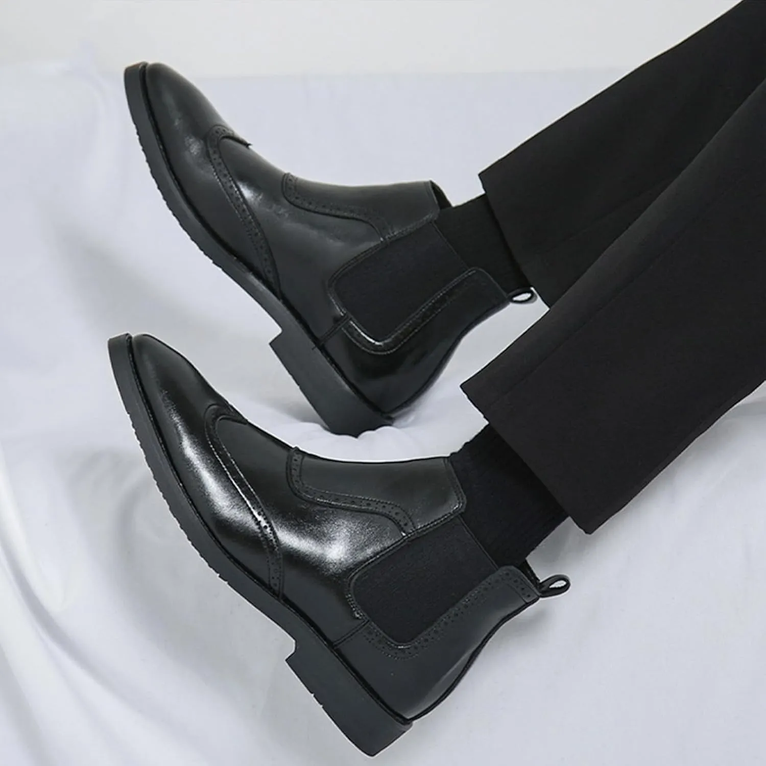 Men'S Leather Wing Tip Low Heel Chelsea Boots Classic Round Toe Brogue Slip-On Dress Oxford Boots For Driving Business Office Formal Ankle Boots