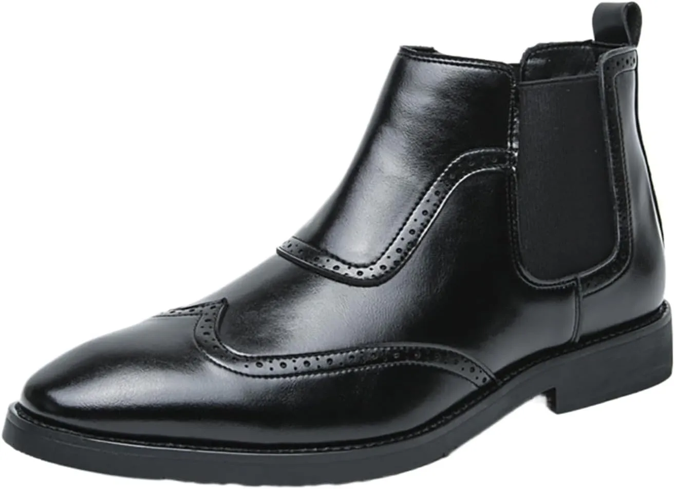 Men'S Leather Wing Tip Low Heel Chelsea Boots Classic Round Toe Brogue Slip-On Dress Oxford Boots For Driving Business Office Formal Ankle Boots