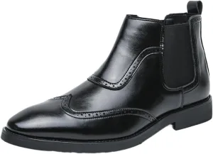 Men'S Leather Wing Tip Low Heel Chelsea Boots Classic Round Toe Brogue Slip-On Dress Oxford Boots For Driving Business Office Formal Ankle Boots