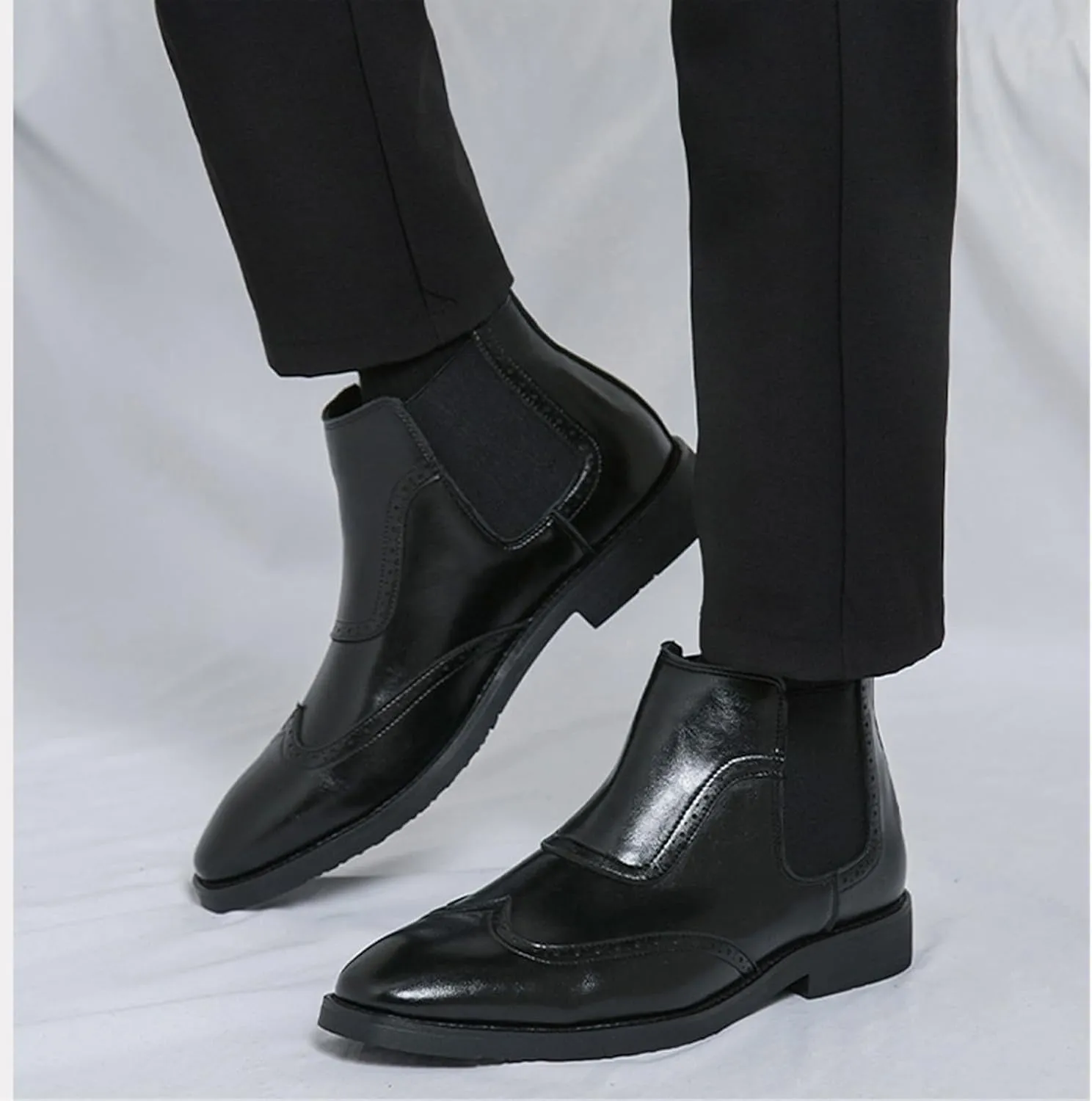 Men'S Leather Wing Tip Low Heel Chelsea Boots Classic Round Toe Brogue Slip-On Dress Oxford Boots For Driving Business Office Formal Ankle Boots