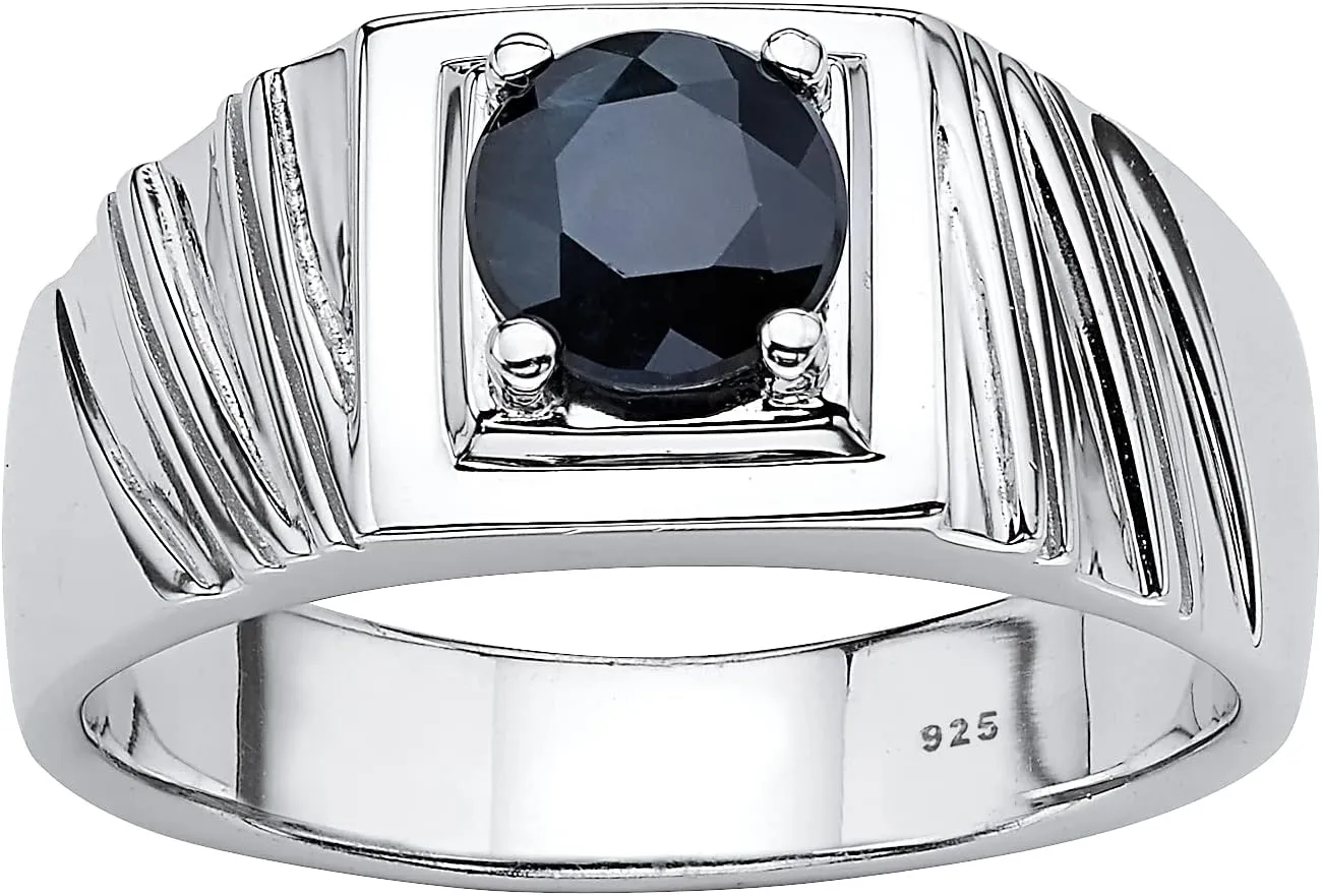 Men's Sterling Silver Round Genuine Blue Sapphire Grooved Ring