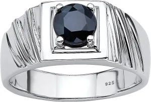 Men's Sterling Silver Round Genuine Blue Sapphire Grooved Ring