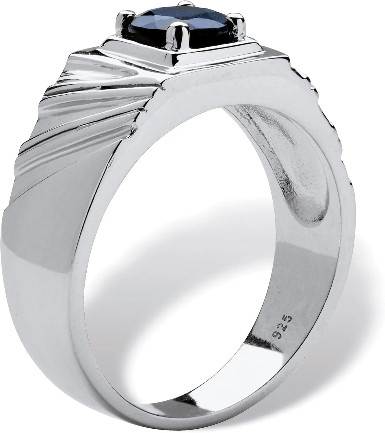 Men's Sterling Silver Round Genuine Blue Sapphire Grooved Ring