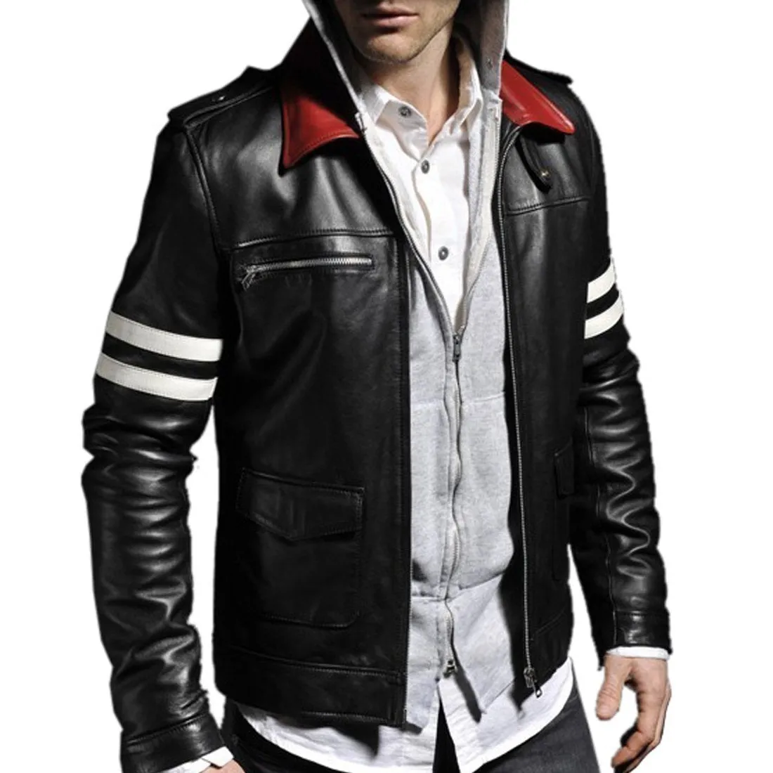 Men's Stylish Embroidered Calfskin Leather Jacket