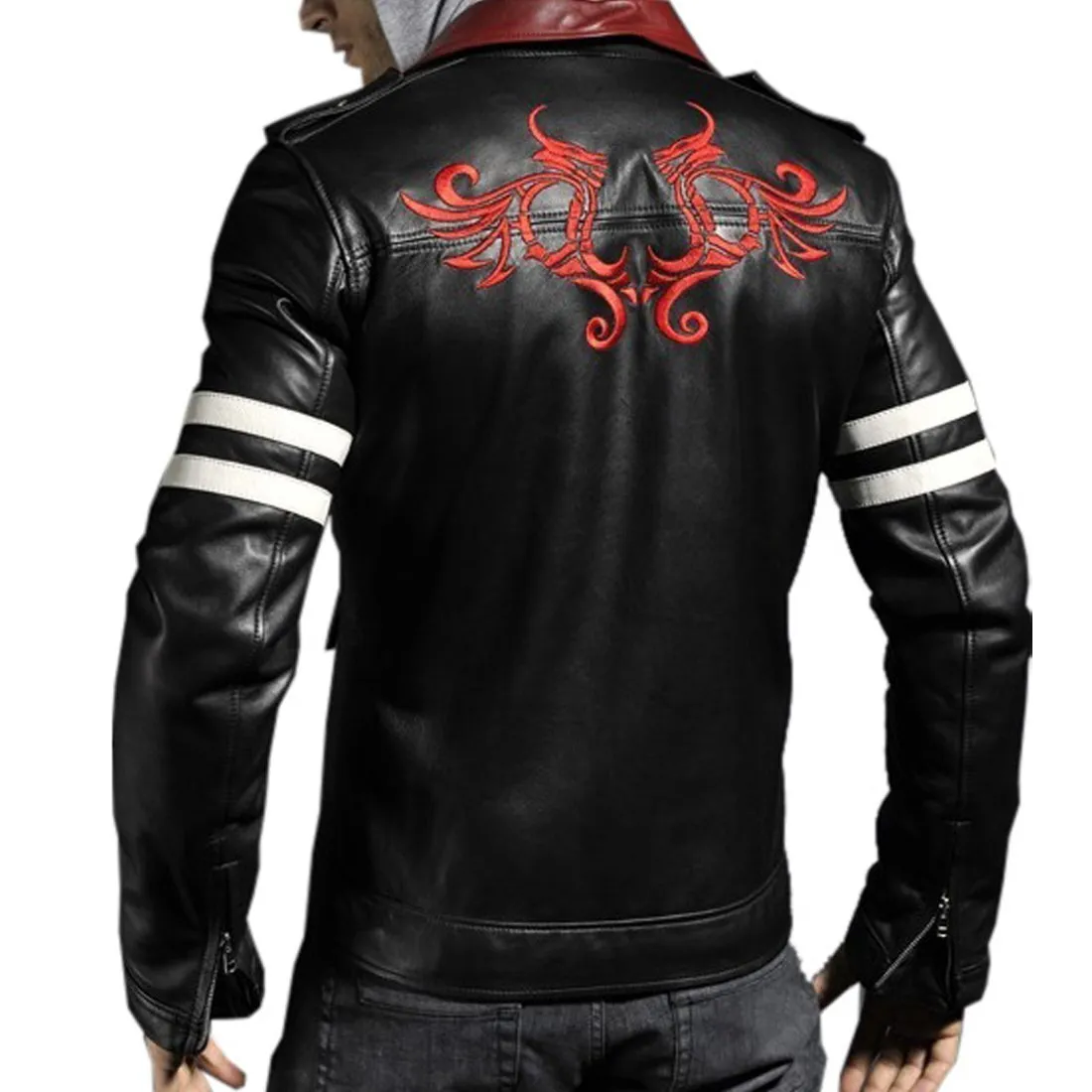 Men's Stylish Embroidered Calfskin Leather Jacket