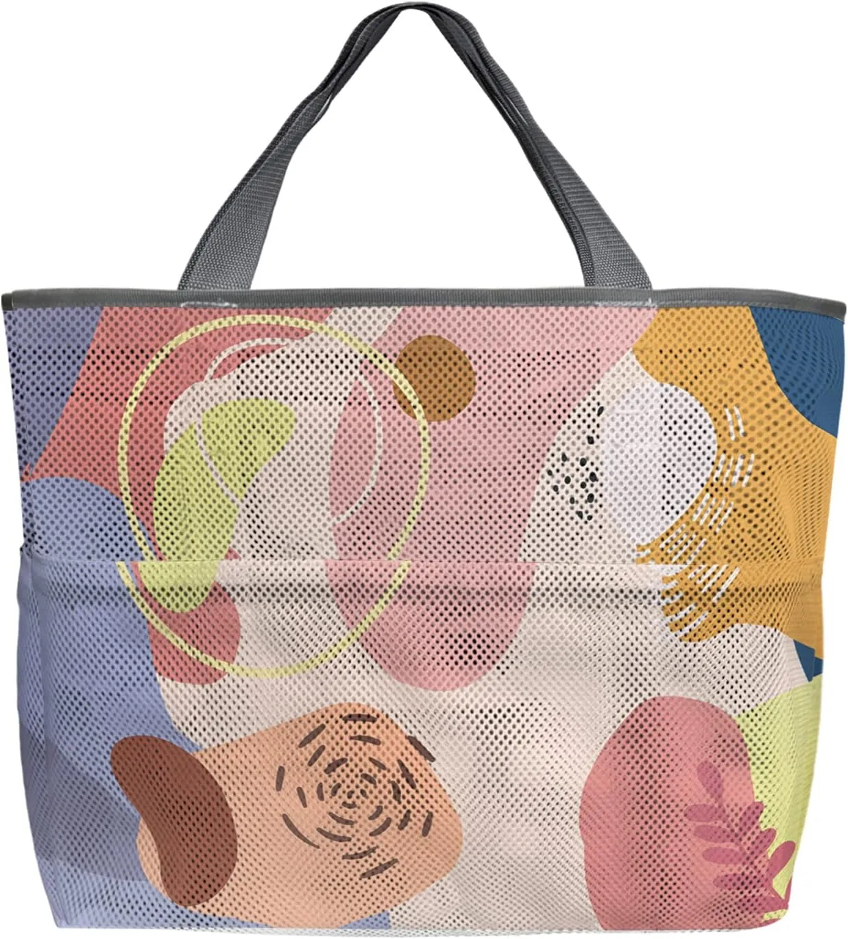Mesh Beach Bag Oversized Tote Bags Boho Morandi Abstract Plants Large Travel Pool Bags Grocery Toy Tote Bags with 8 Pockets
