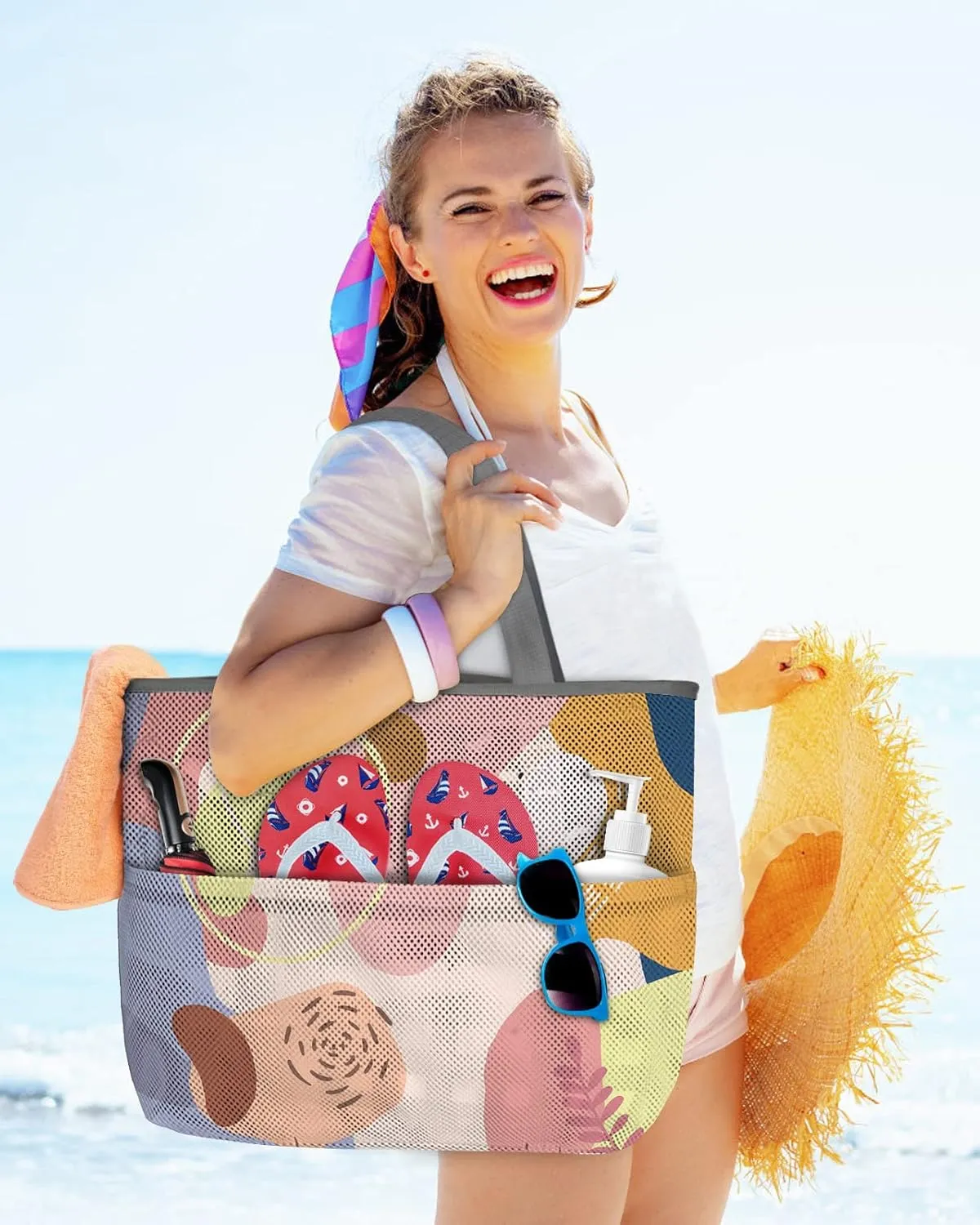 Mesh Beach Bag Oversized Tote Bags Boho Morandi Abstract Plants Large Travel Pool Bags Grocery Toy Tote Bags with 8 Pockets