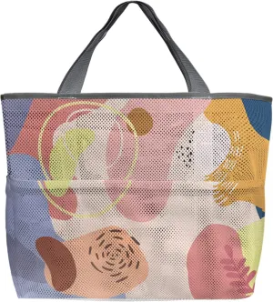 Mesh Beach Bag Oversized Tote Bags Boho Morandi Abstract Plants Large Travel Pool Bags Grocery Toy Tote Bags with 8 Pockets