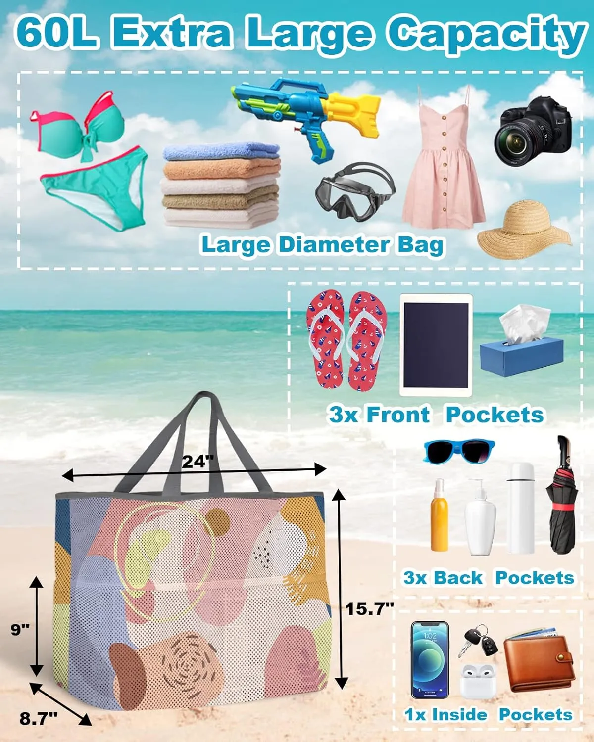 Mesh Beach Bag Oversized Tote Bags Boho Morandi Abstract Plants Large Travel Pool Bags Grocery Toy Tote Bags with 8 Pockets
