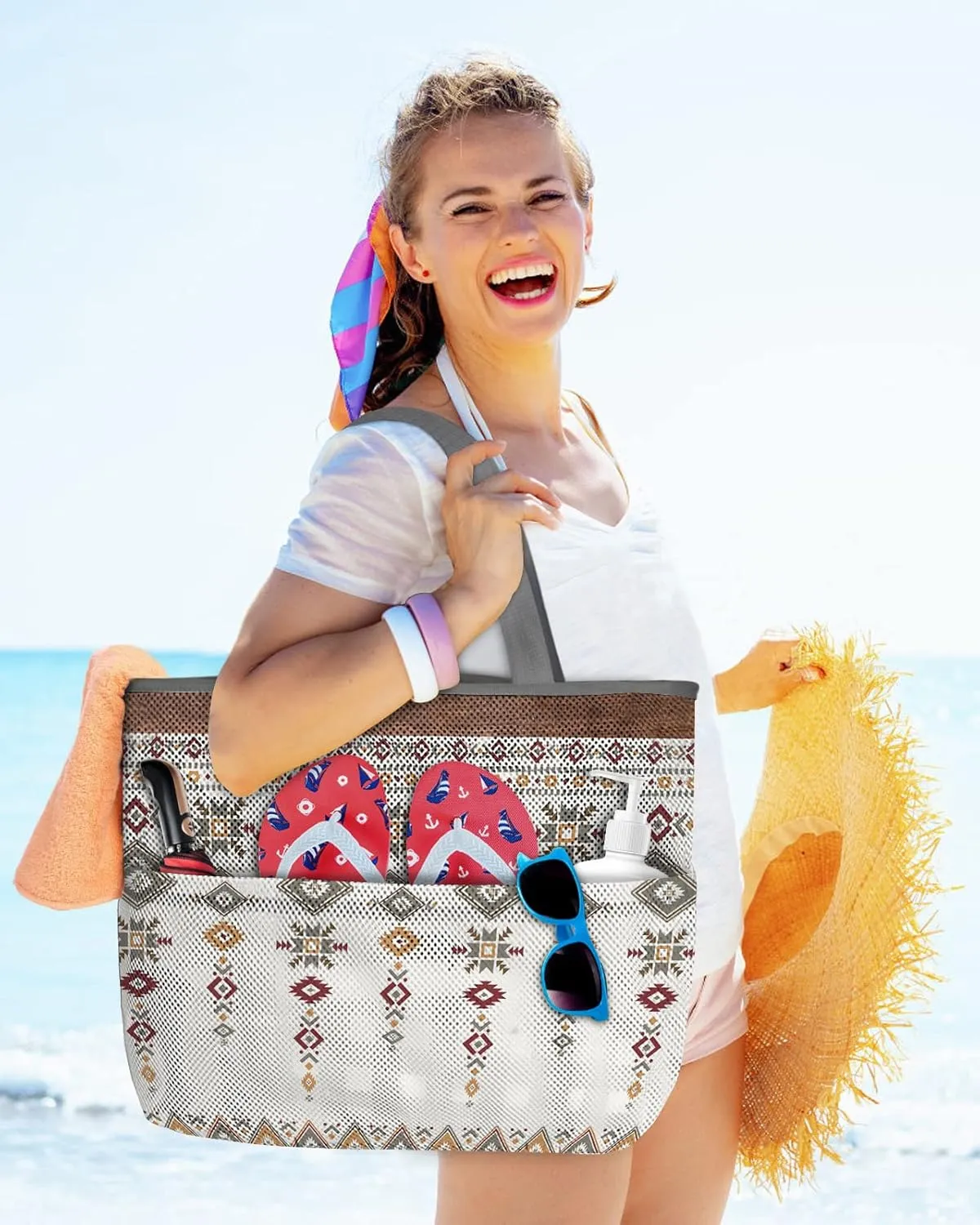 Mesh Beach Bag Oversized Tote Bags for Women Boho Abstract Geometric Aztec Ethnic Style Large Travel Pool Bags Toy Tote Bags