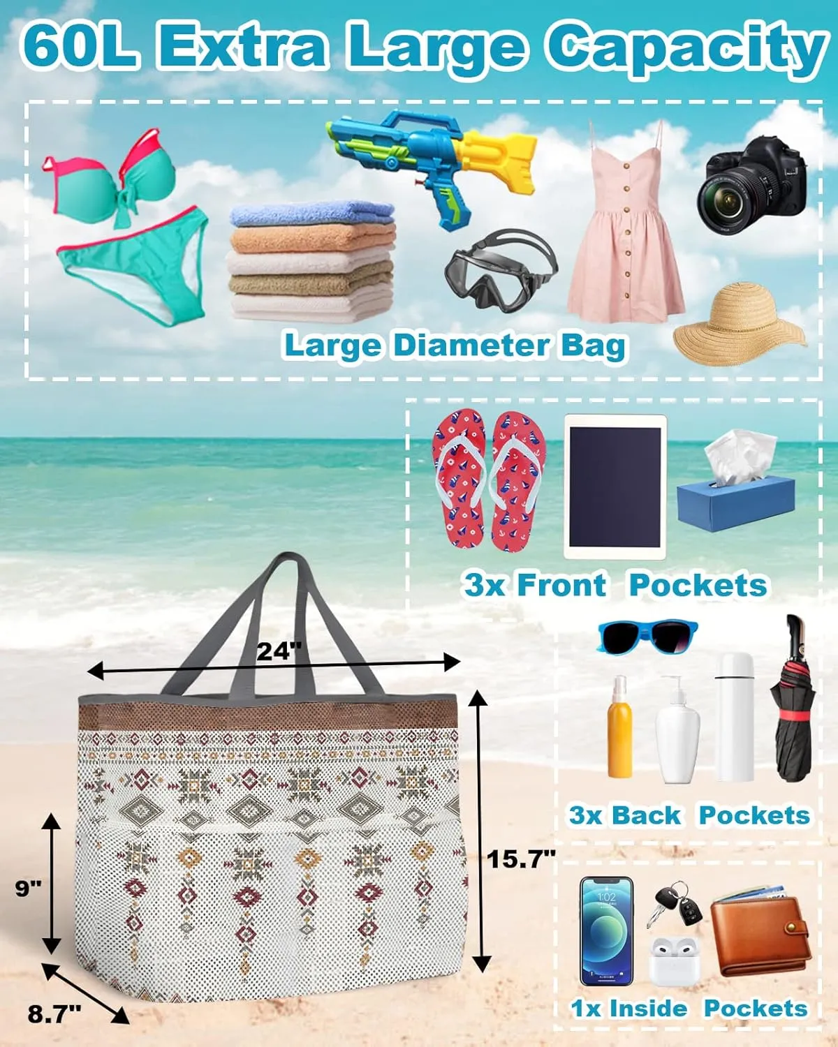 Mesh Beach Bag Oversized Tote Bags for Women Boho Abstract Geometric Aztec Ethnic Style Large Travel Pool Bags Toy Tote Bags