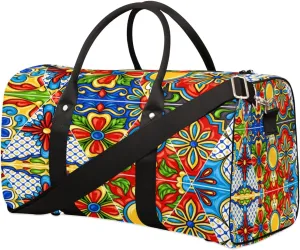 Mexican Ornamental Pattern Duffel Bag Sport Gym Duffle Bag Mexican Folk Travel Bag Waterproof Weekender Overnight Tote Bag Foldable Carry on Bag Training Shoulder Bag for Women Men