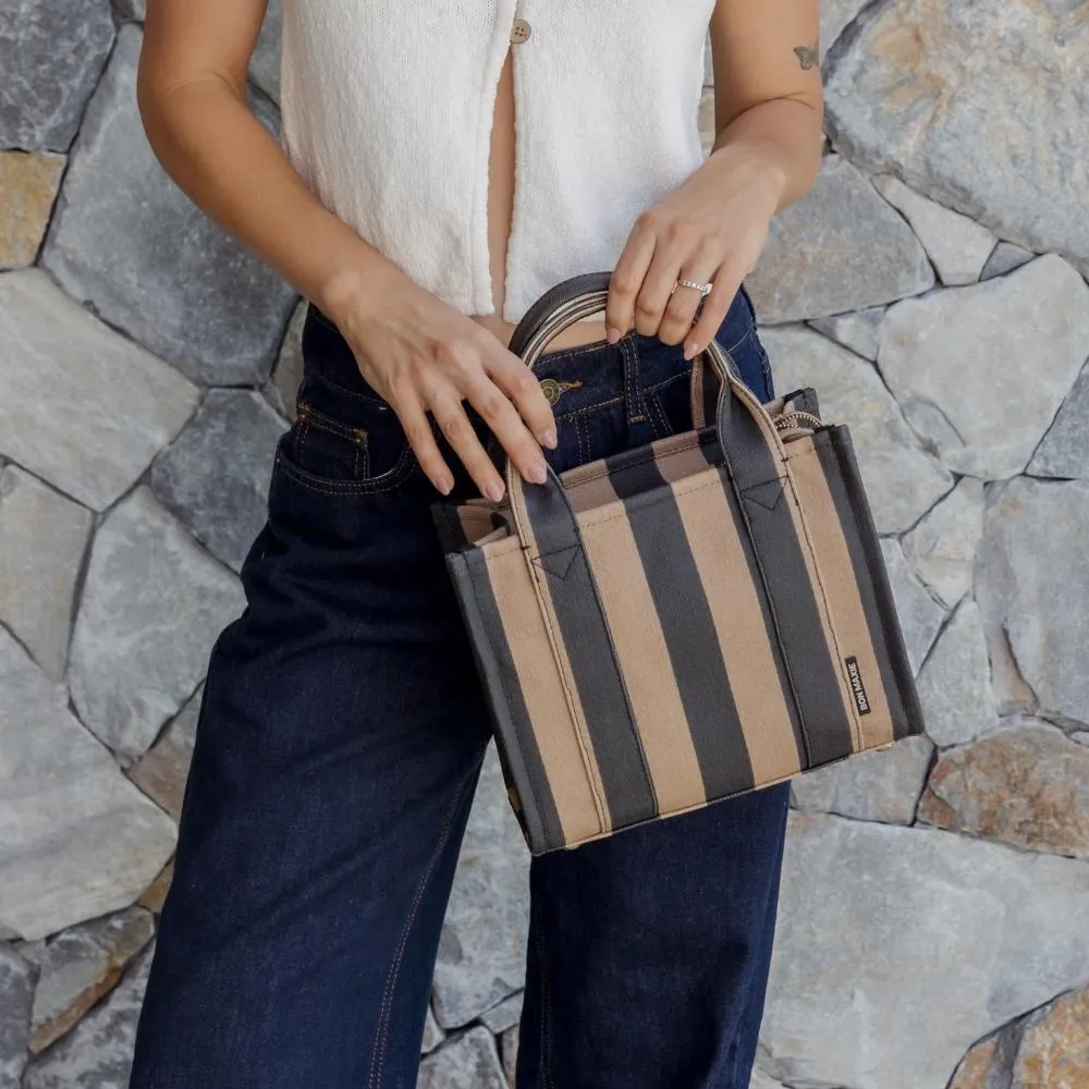 Micro Bon Vivant Structured Tote Bag -- Black/Tan Stripe