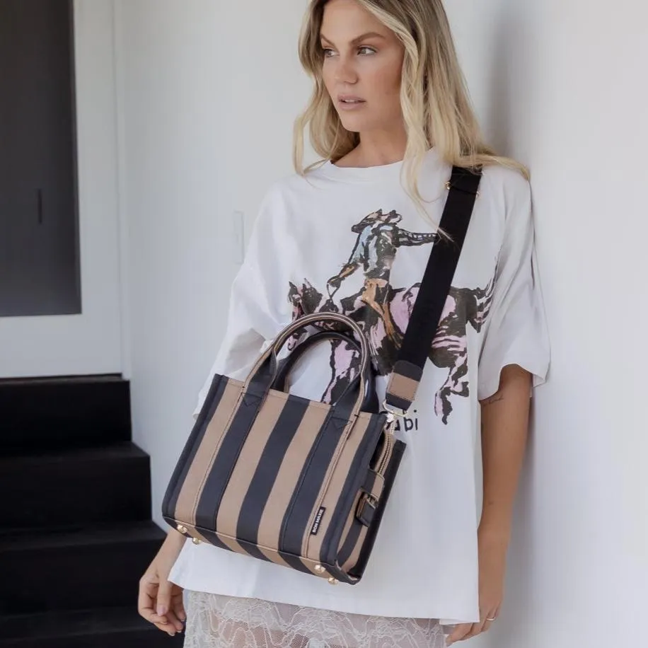 Micro Bon Vivant Structured Tote Bag -- Black/Tan Stripe