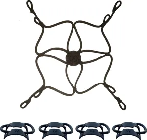 MiniNet Packnet Backpack Extension Bungee - 4 PackTachs & 4 Aluminum Carabiners Included - Carry Items Such as Helmet Balls Shoes Sleeping Bags Tents Outdoor Camping Gear Water Bottles (Black)