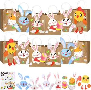 Motipuns 24 Pcs DIY Easter Kraft Paper Gift Bags with Handle Treat Goodie Candy Easter Gift Bags and 24 Sheets DIY Stickers for Egg Hunt Party Favor Decoration