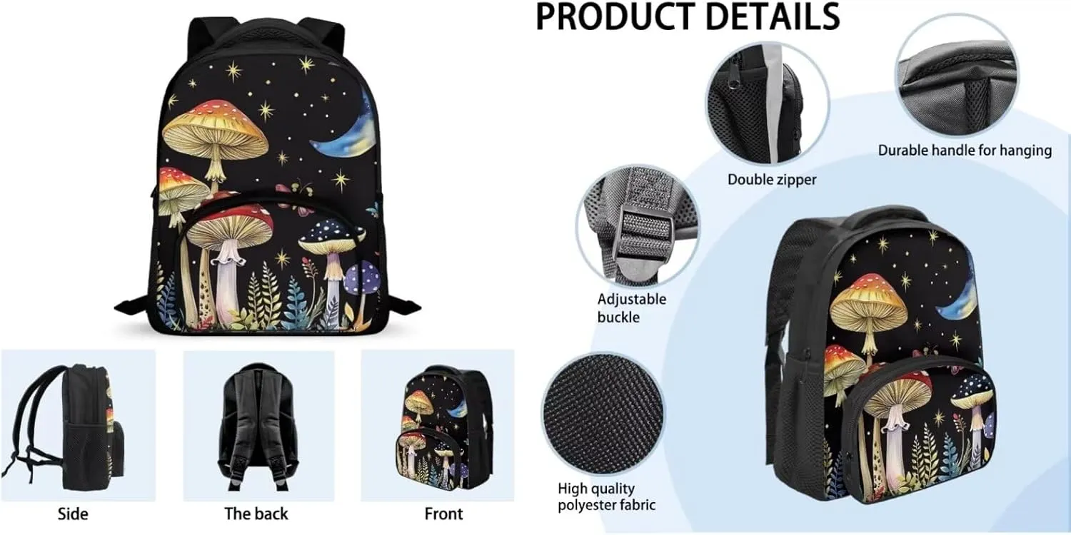 Mushroom Backpacks With Lunchboxes for Girls Elementary Students Travel Backpack Shoulder Bag with Adjustable Strap Side Pocket Can Be Used in All Kinds of Occasion